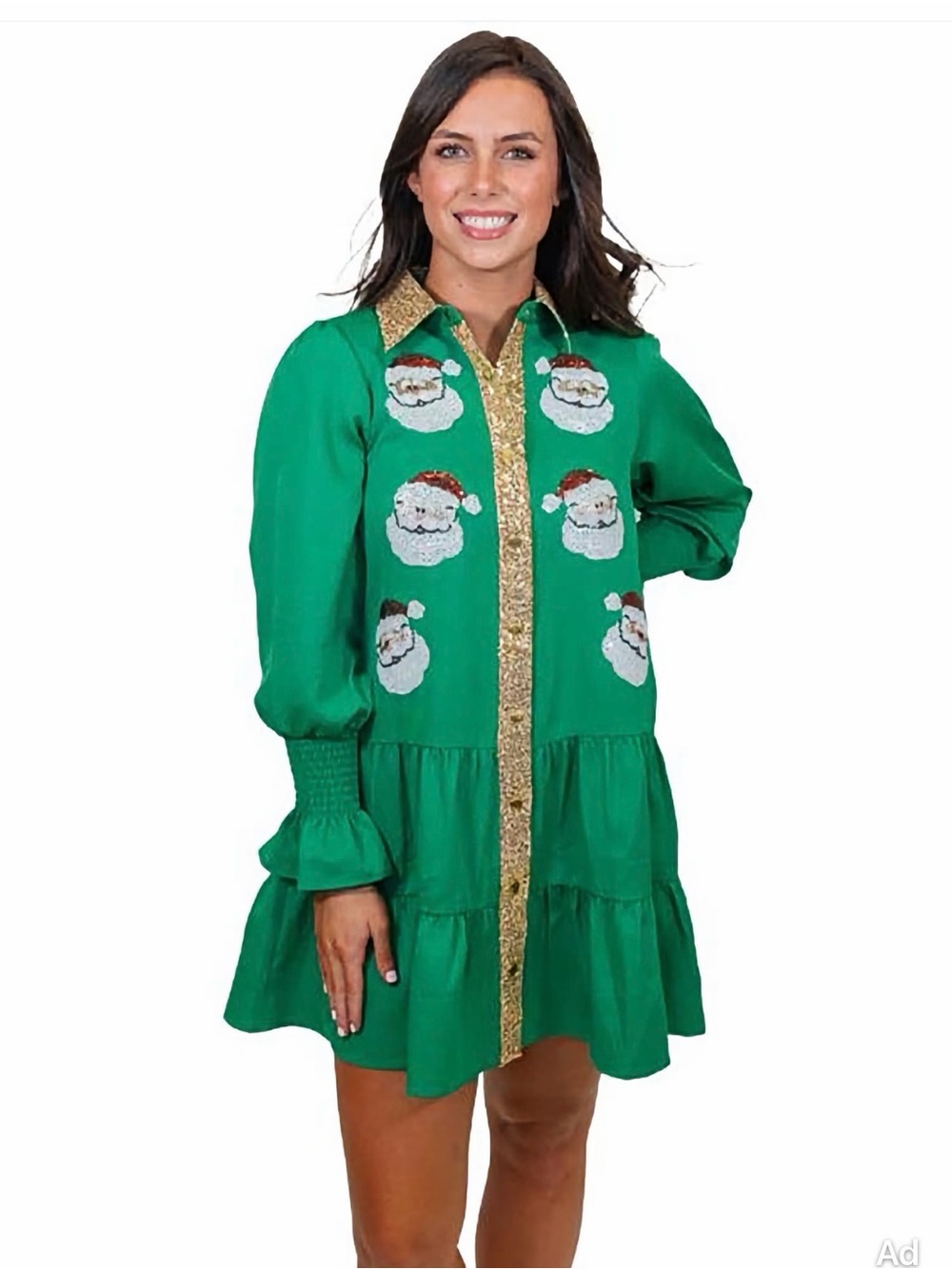 Green Embroidered Santa Tiered Shirt Dress with Gold Trim